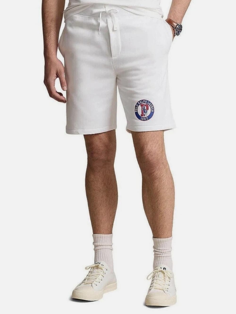 NWT Men's Polo by Ralph Lauren White Athletic Terry Shorts with Patch - Picture 2 of 6